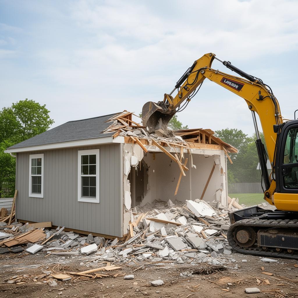 Excavator tearing down a small detached shed structure
