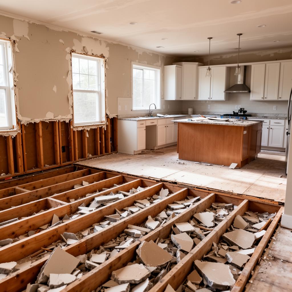 Interior kitchen demolition with exposed studs and subfloor